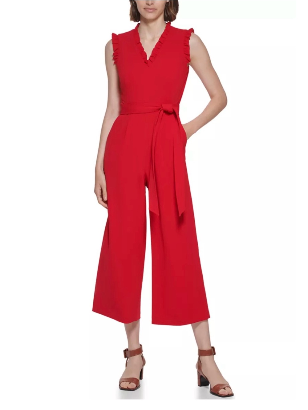 Women's Sleeveless Ruffle V-Neck Cropped Jumpsuit with Waist Tie by Calvin Klein